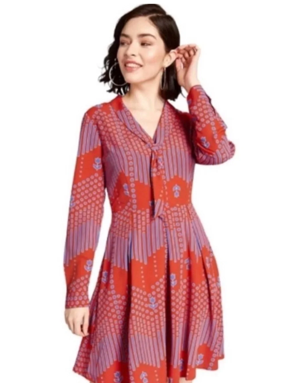 modcloth long sleeve dresses ModCloth Baez for Days Star Printed Smocked Neck Sheer Sleeve Dress